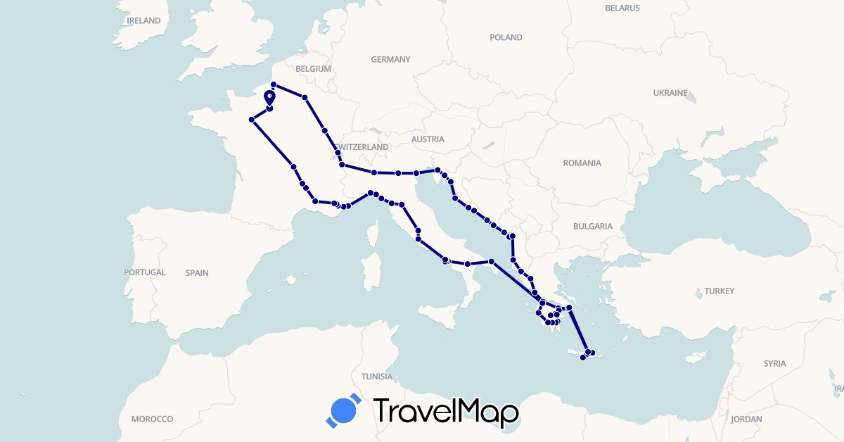 TravelMap itinerary: driving in Albania, Bosnia and Herzegovina, Switzerland, France, Greece, Croatia, Italy, Montenegro, Slovenia (Europe)